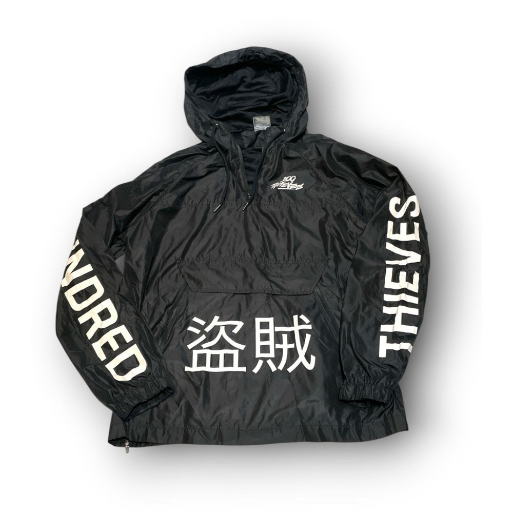 100 Thieves Windbreaker Jacket Mens XL Black Anorak Pullover Hooded Kanji NWOT